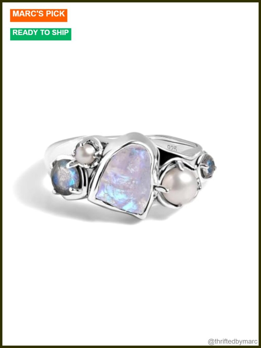 Sterling Silver Statement Ring with Moonstone Labradorite Pearl